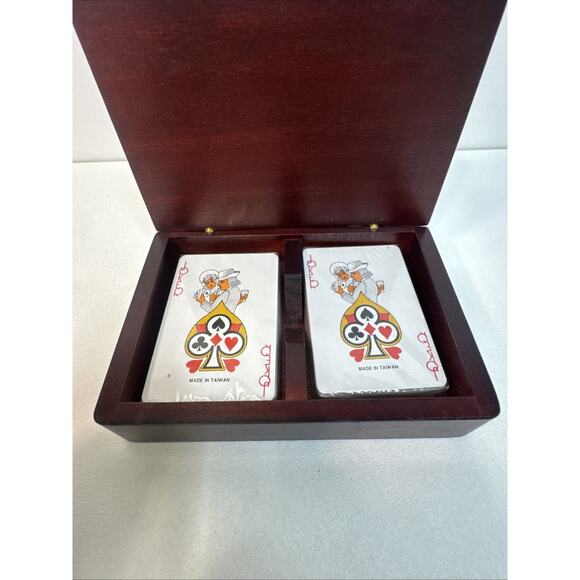 VTG Wood Box Set of 2 Golfer themed Playing Card Decks Sealed Pewter Ball On Lid - Picture 3 of 10